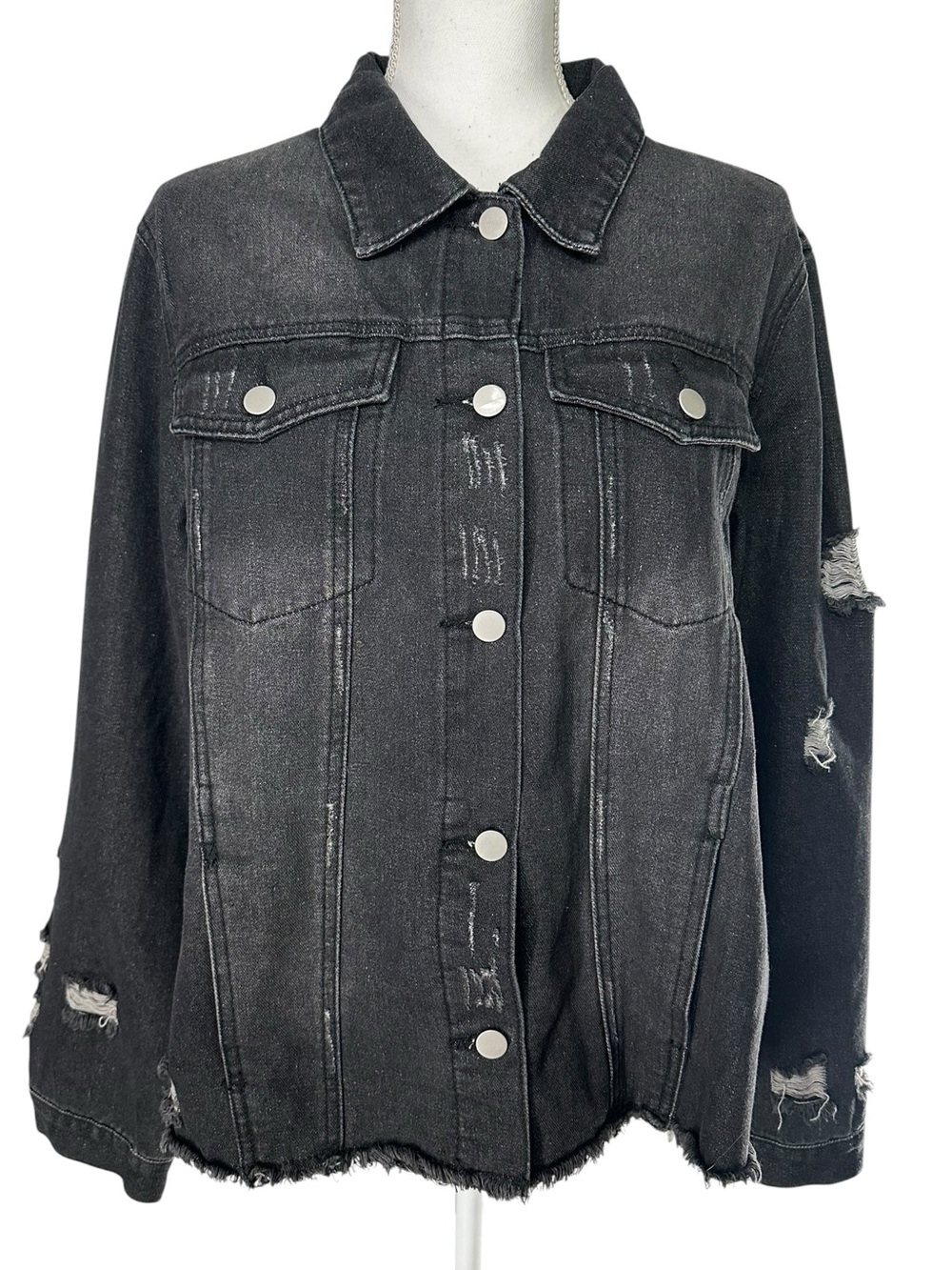 Black / Distressed Jean Shirt Jacket Shacket / XL / Grunge Denim Emo Casual
